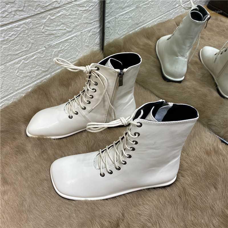 

DEAT 2020 New Autumn Fashion Casual Zipper Lace-up Square Head Flat Bottom Leather Single Shoes Women Short Cool Boots SF2111, Black