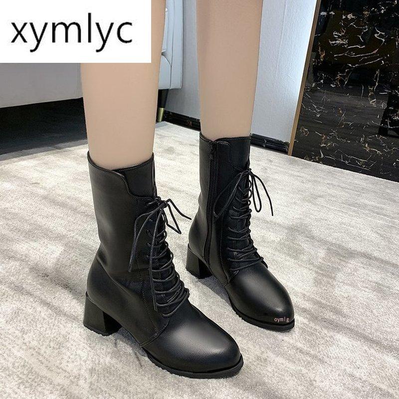 

Women's boots new shoes single boots thick-heeled female winter round toe high-heeled short Keep warm, Black no cotton