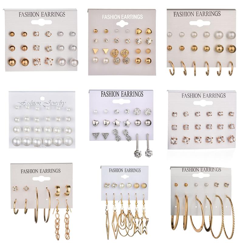 

2020 Hot Circle Star Crystal Heart Flowers Stud Earrings Set Rhinestone Imitation Pearl Earrings for Women Girls Jewelry