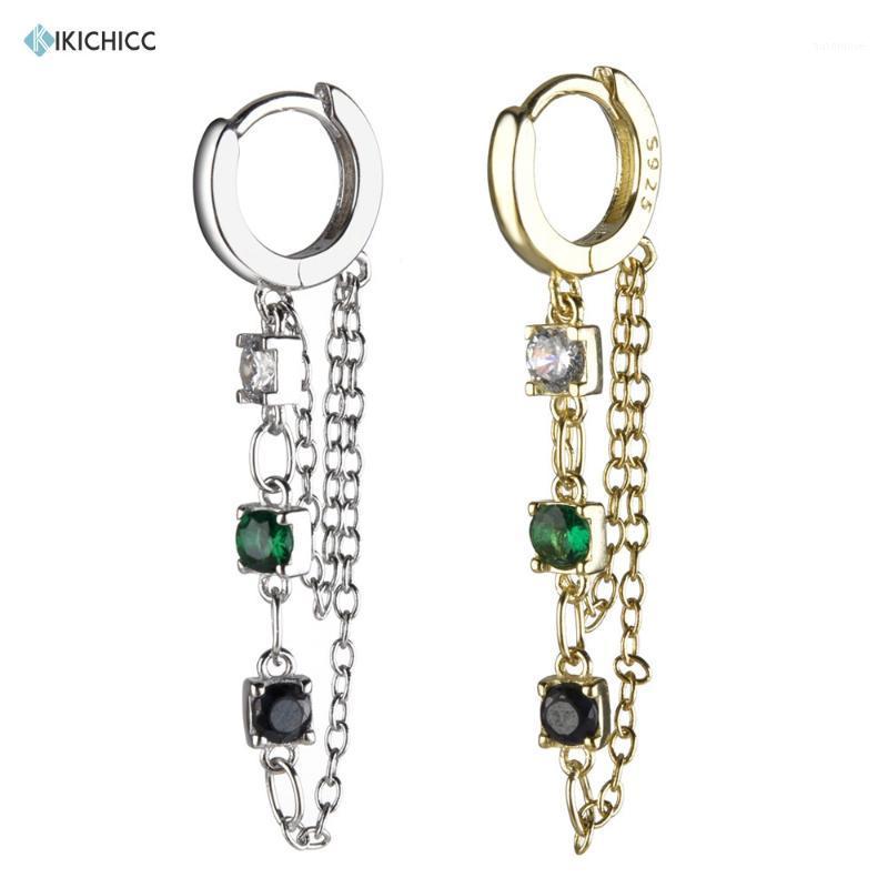 

Kikichicc 925 Sterling Silver 7mm Gold Huggies No Clips Long Chain Hoops Chain Three CZ Zircon Colorful Crystal Women Jewelry1