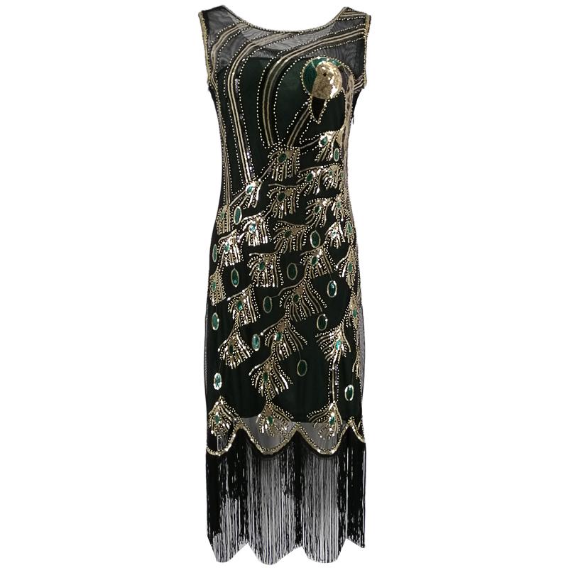 

1920s Vintage Peacock Sequin Fringed Party Flapper Dress O-Neck Roaring 20s Great Gatsby Dress Gabster Fancy Costumes, Beige