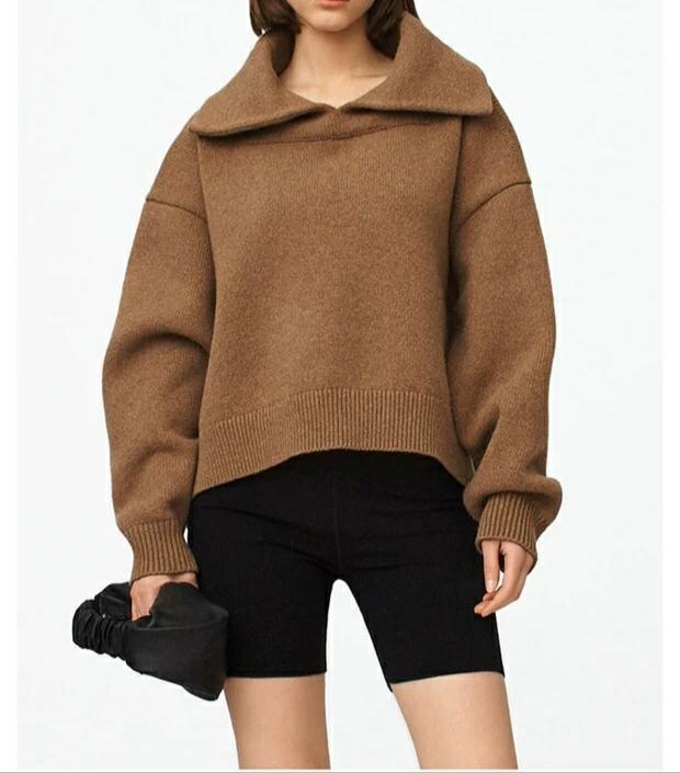 

Women Sweater warm sweater 2020 winter New Lapel Loose and Simple Wild Short Front and Long Sleeves Women' Knitted Top, Brown
