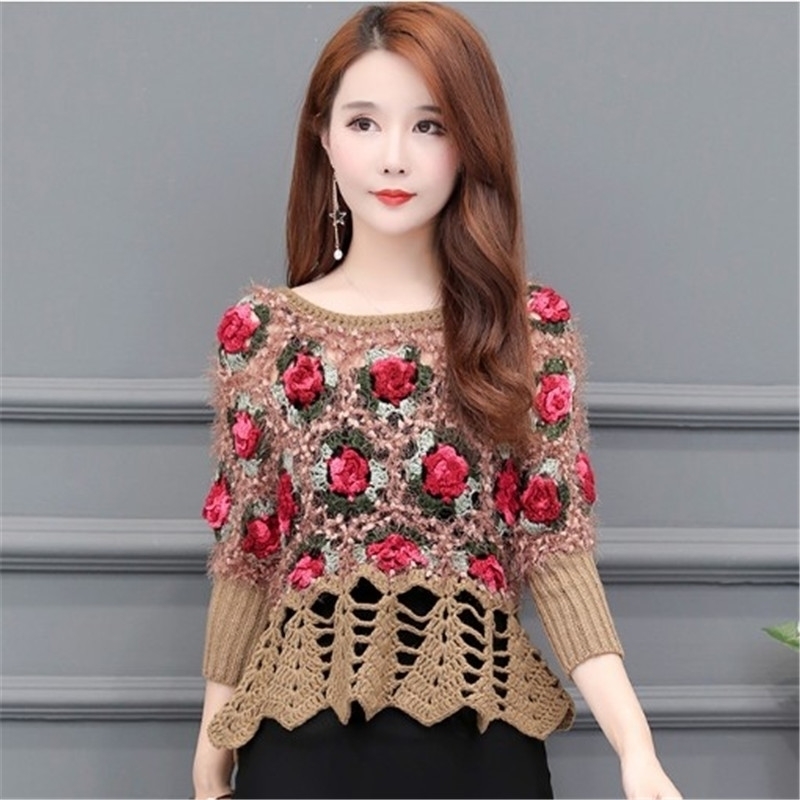 

Spring New Listing Short Hollow Flowers Sweater Fashion Women Clothing Casual with Sweater Women Fashion Retro Sweater 201130, Apricot