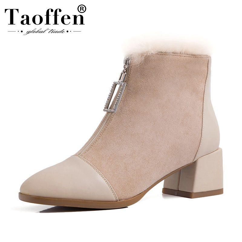 

Taoffen Woman Warm Fur Ankle Boots Front Zipper Square Heel Work Office Winter Boots Daily Mid Heel Shoes Women Size 31-43, Black