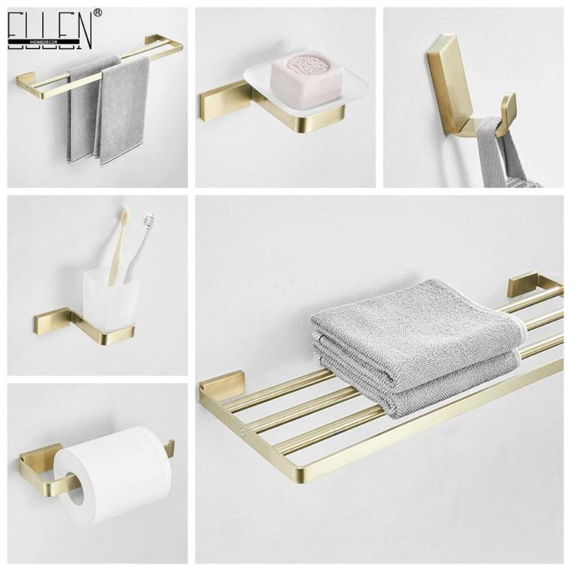 

ELLEN Bathroom Hardware Set Gold Brushed Towel Shelves Toilet Paper Holder Robe Hook Towel Ring Toilet Brush Holder ML19300G1
