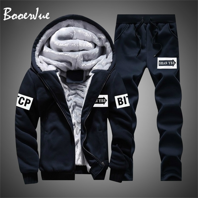 

Casual Men Tracksuit Winter Two Pieces Sets Fleece Thick Hooded Zipper Jacket + Pants Warm 2 PCS Sporting Suit Sportswears M-4XL 201130, Short