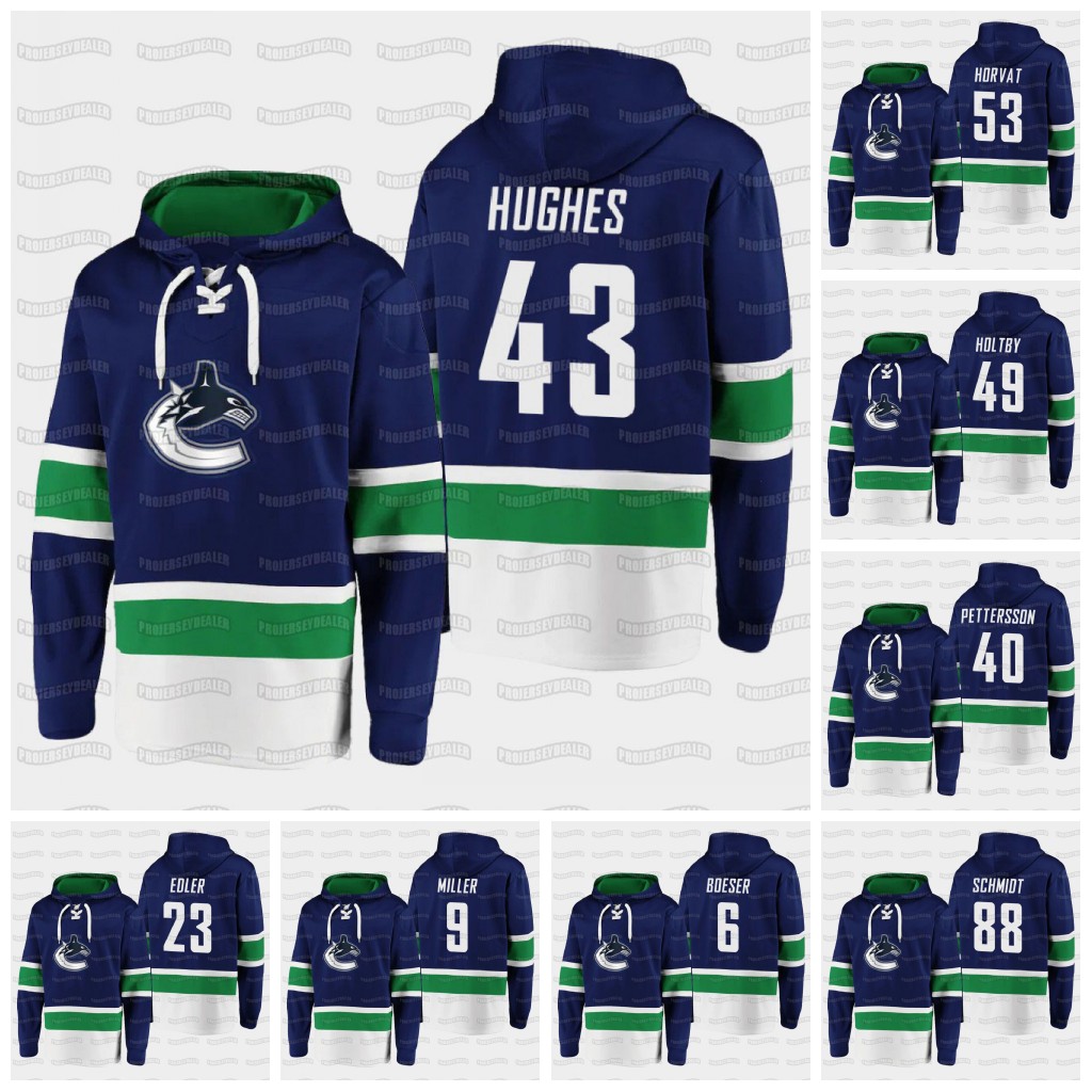 

Quinn Hughes Vancouver Canucks Braden Holtby Nate Schmidt Bo Horvat Brock Boeser Elias Pettersson Sedin Dash Player Hoodie Jersey, Black;red