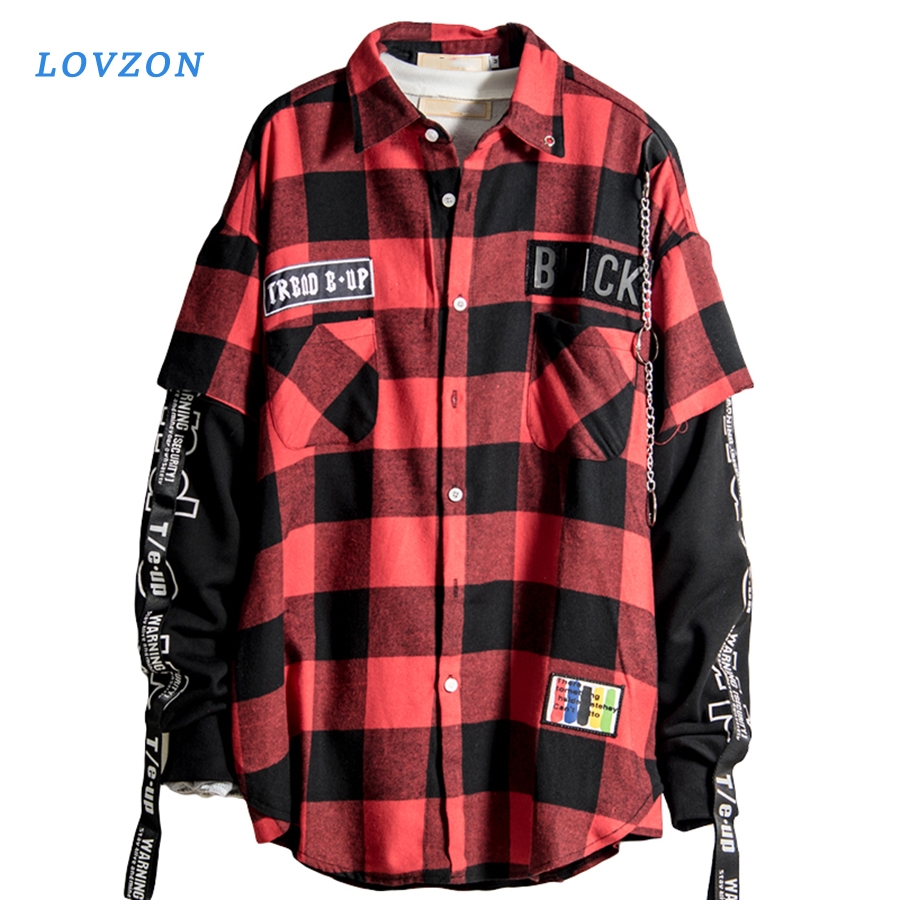 

Red Plaid Shirt Men Hip Hop Checkered Korean Fashion Streetwear Men Shirts Button Up Punk Mens Dress Shirts, Red black