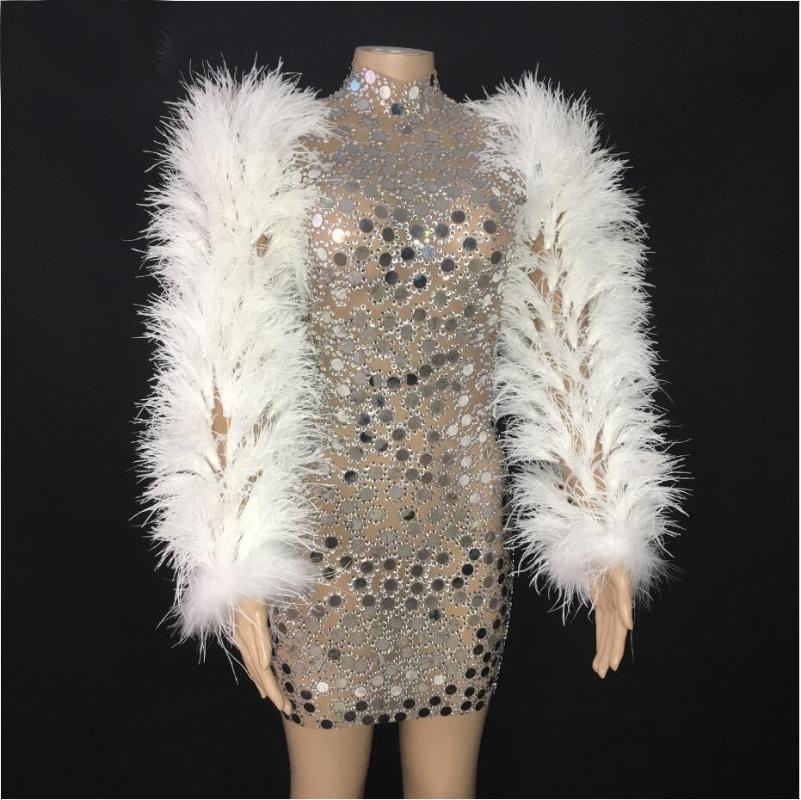 

Flashing Silver Rhinestones Sequins Transparent Dress Bar Birthday Celebrate Outfit Evening Women Singer Short Dress