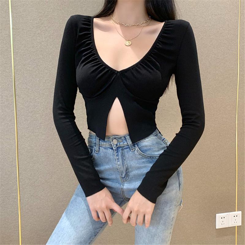 

Women's T-Shirt Fashion Casual Women Sexy Long Sleeve V-neck Split Top Stylish Solid Pullover Knitted Tunic Club Tee Streetwear T Shirts, White
