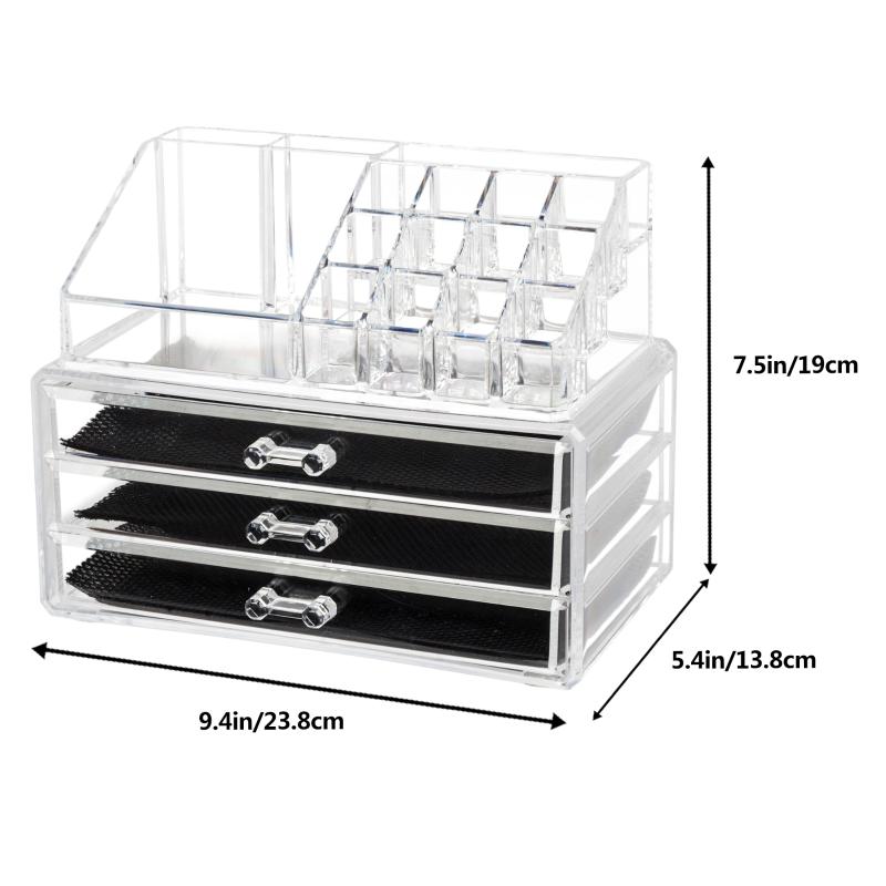 

Integrated plastic cosmetic case 3-layer drawer & rectangular compartments space-saving Home use, Clear