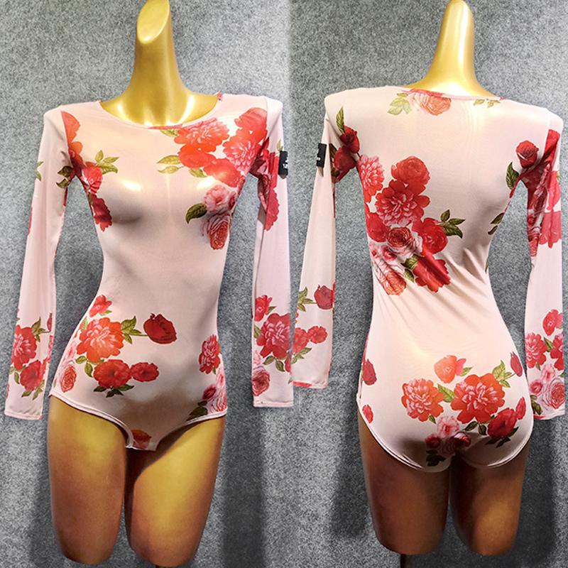 

2021 Latin Dance Tops New Style Dancing Dress Leotard Flower Printed Ballroom Tango Dance Competition Performance Wear VDB1074