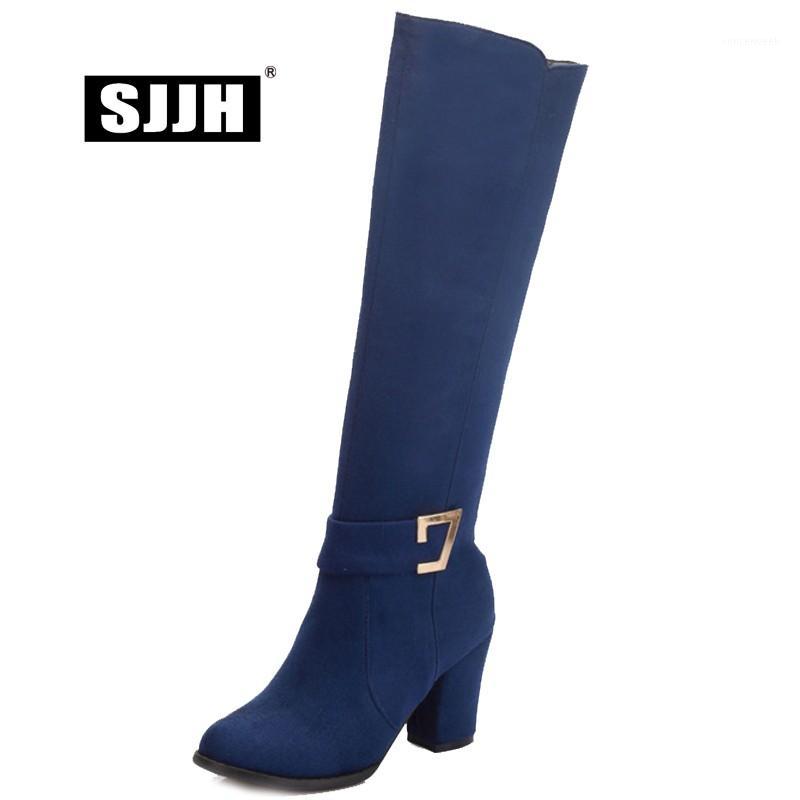 

SJJH Women Nubuck Long Boots with Round Toe Chunky Heels Zip Short Plush Knee-High Boots Fashion Casual Shoes Large Size Q5711, Black
