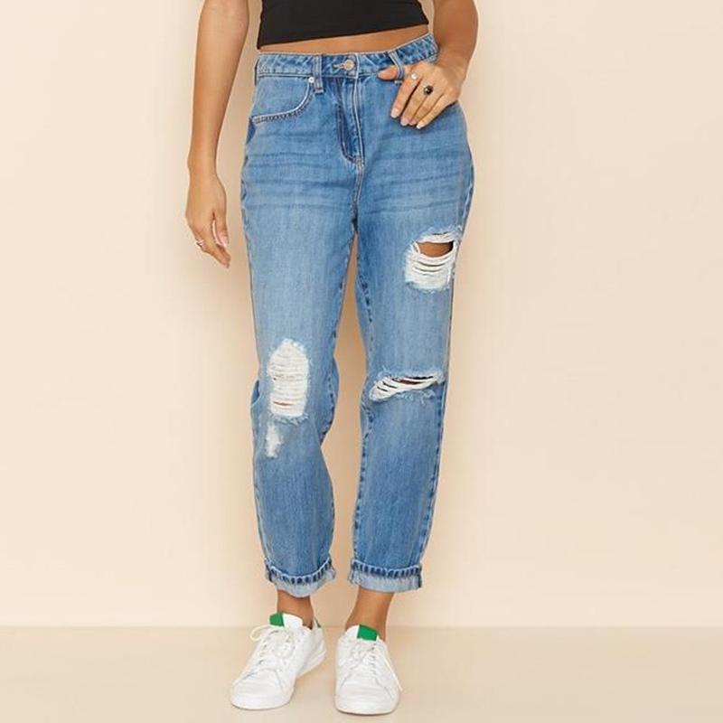

Woman In High Waist Zipper Slim Jeans With Hole Pocket Button Blue Fashion Jeans Pants Woman Mom Pants