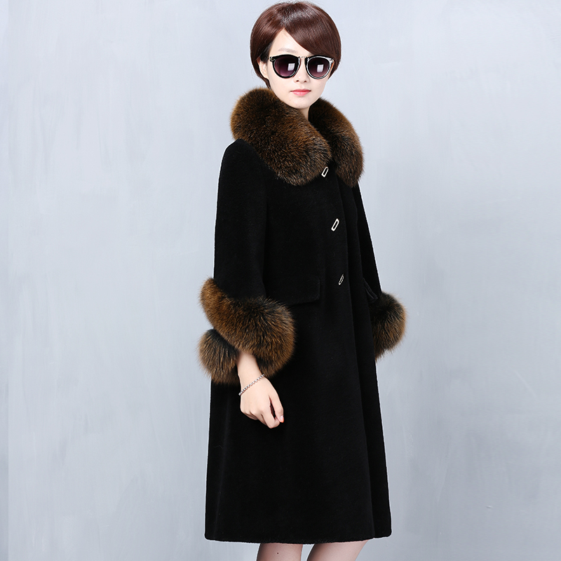 

Royal Fur Women's Korean Sheep's Hair Cut, Fox Skin, Turtleneck Jacket, Clothes, 2020, Winter Woman's Coat, Qwj9, Black one