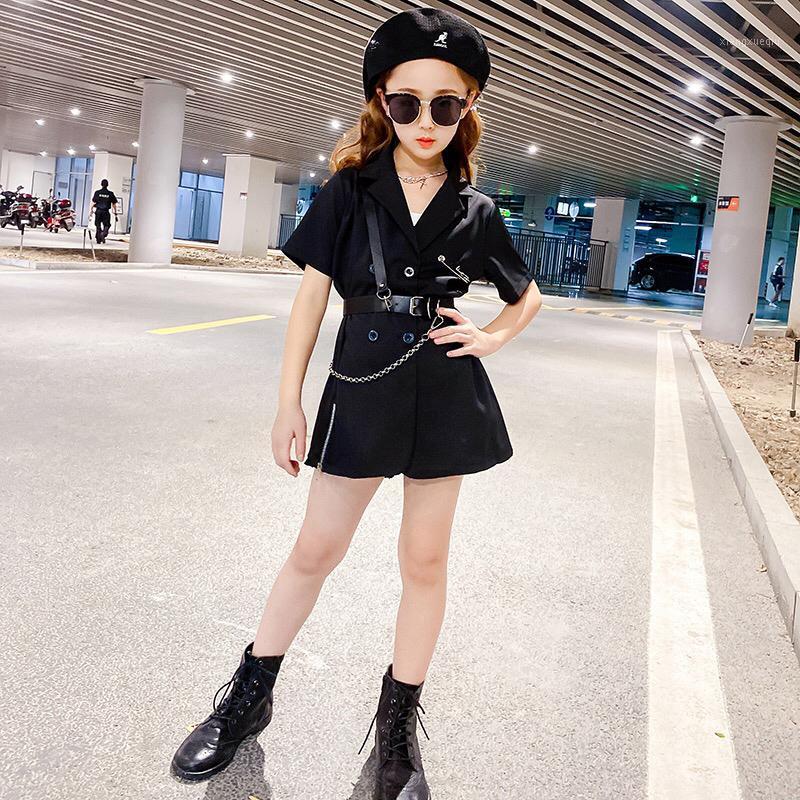 

Summer Autumn girls dress jacket baby blazer dress children outwear kids streetwear coat waistband PU metal chain 3 to 14 yrs1, Black