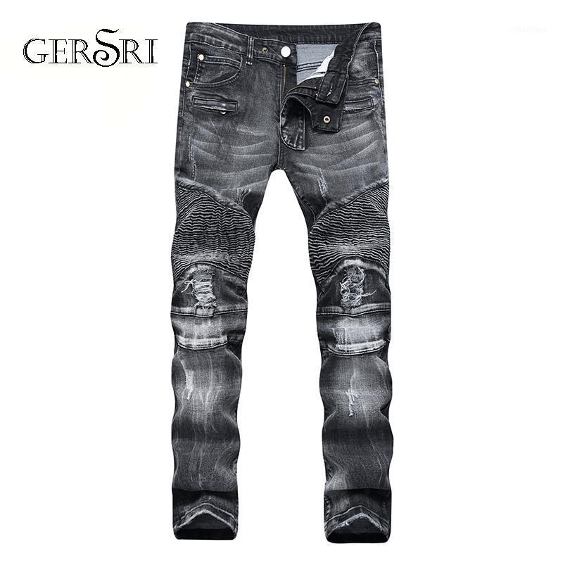

Gersri Men Jeans Slim Skinny Biker Pleated Trousers Hip Hop Washed Bleached Casual Moto Zipper Denim Pants Long Pants Male1, Black