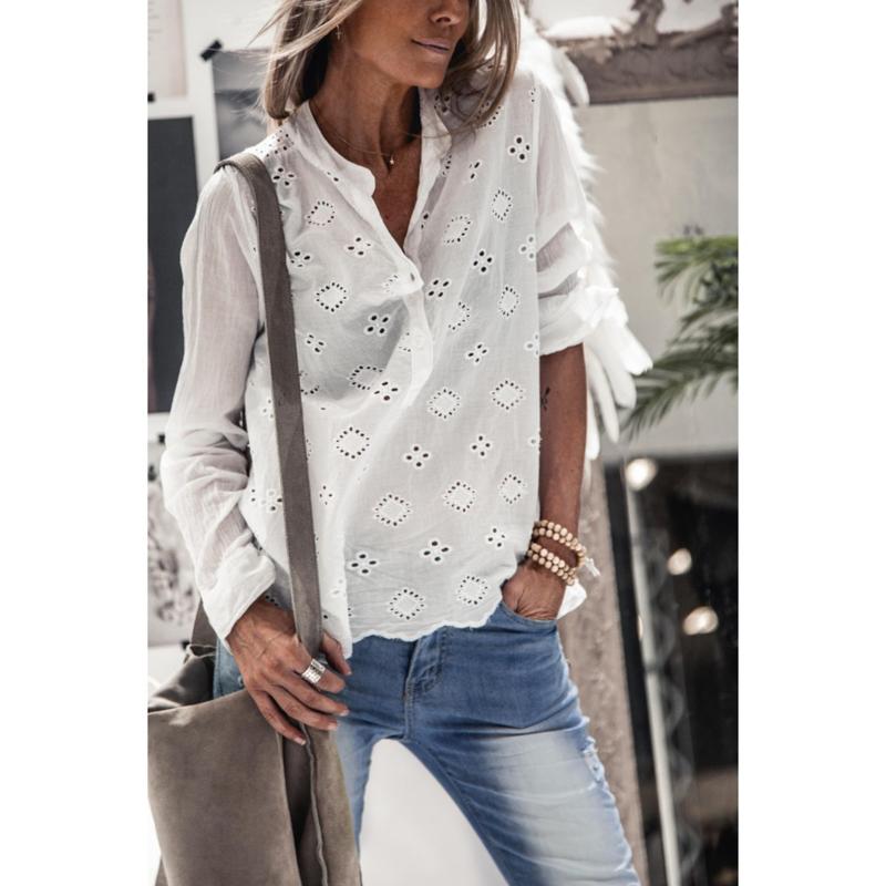 

White Casual Loose Buttons Stand Collar Women Autumn Long Sleeve Blouse Shirt Office Ladies Hollow Out Korean Blusa Tops SJ6565M