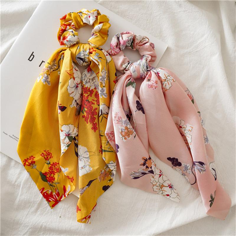 

Diy Boho Print Floral Long Ribbon Hair Band Elegant Satin Hair Scarf Scrunchies For Women Fashion Elastic Tie Accessories