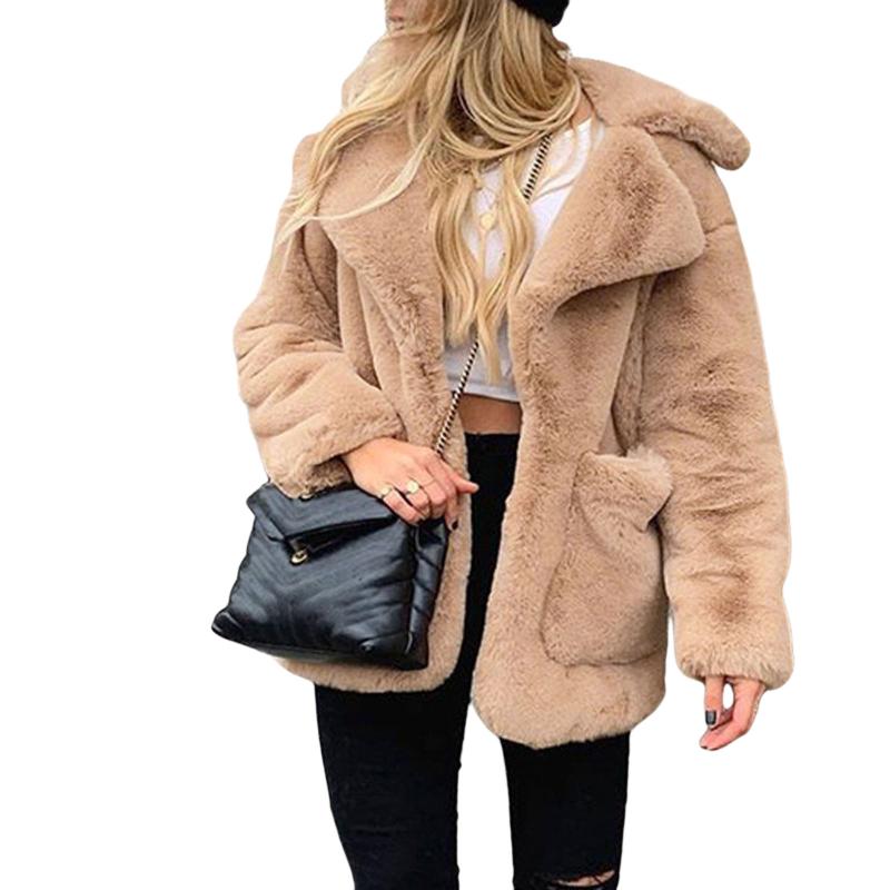 

Women' jacket autumn and winter thickened long-sleeved loose side pockets faux fur coat party clothing warm coat fashion, Khaki
