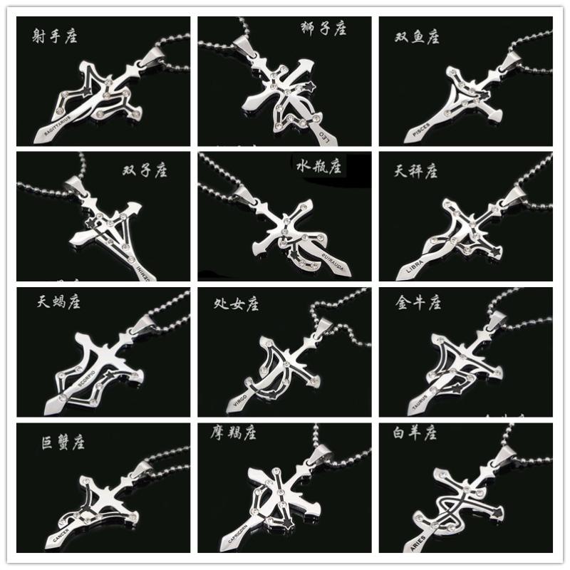 

Imitatio Stainless Steel 12 Constellation Cross Religious Sign pendant Necklace Lucky Zircon Zodiac Jesus Cross Necklace Jewelry