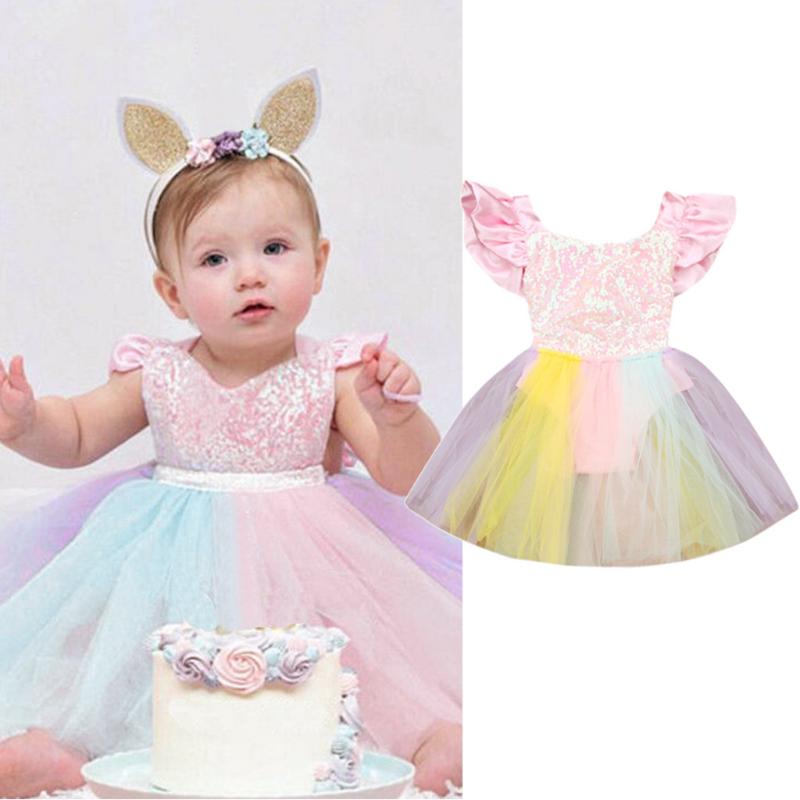 

Baby Kids Dress For Girl Toddler Kid Baby Girl Dresses Sleeveless Rainbow Sequined Lace Clothes Princess Romper Dress, Pink