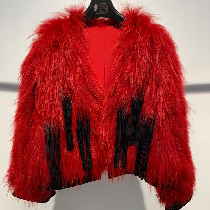 

women tassel ladies raccoon real fur knitted jacket, As picture