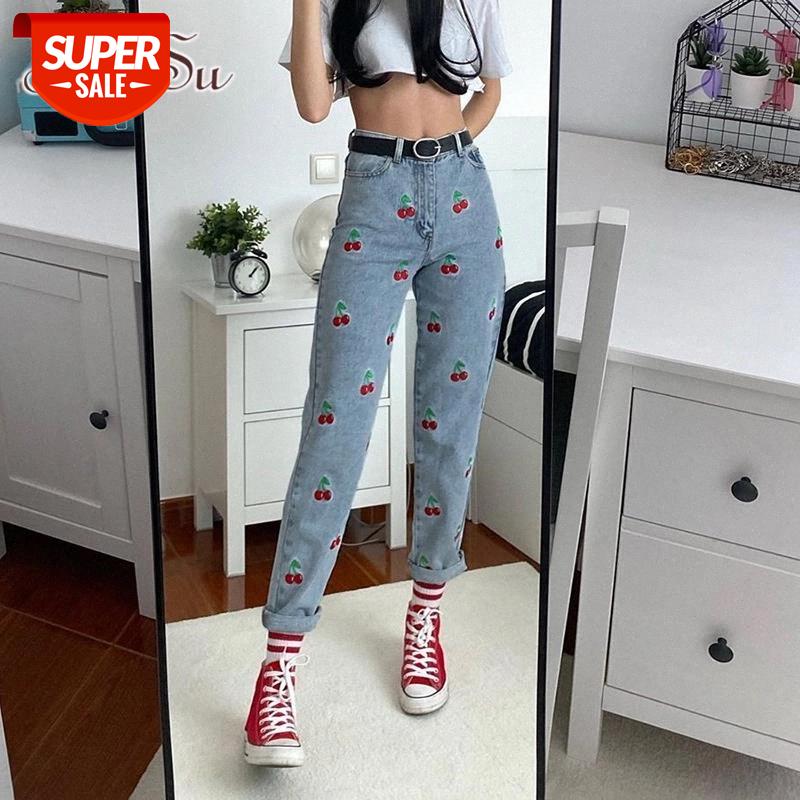 

ArtSu Kawaii Cherry Embroidery Slim Long Jeans Y2K Fashion High Waist Demin Women's Pants 90s Streetwear Sweet PA52037 #Fx5R, Black;white