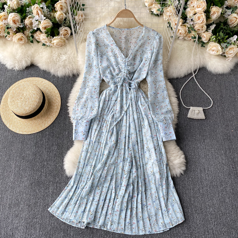 

2021 New Singiny feminine floral cord ruched neck puff dress bohemian autumn imprint the line dressed AQ6K, White