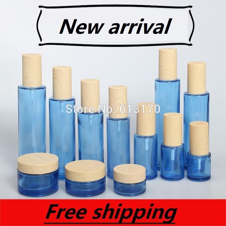

120ml,100ml,80ml,30ml,20ml Blue Glass Lotion Pump Bottle,Wood Grain Cap,30g 50g Empty Cream Jar,Cosmetic Packing Bottle1