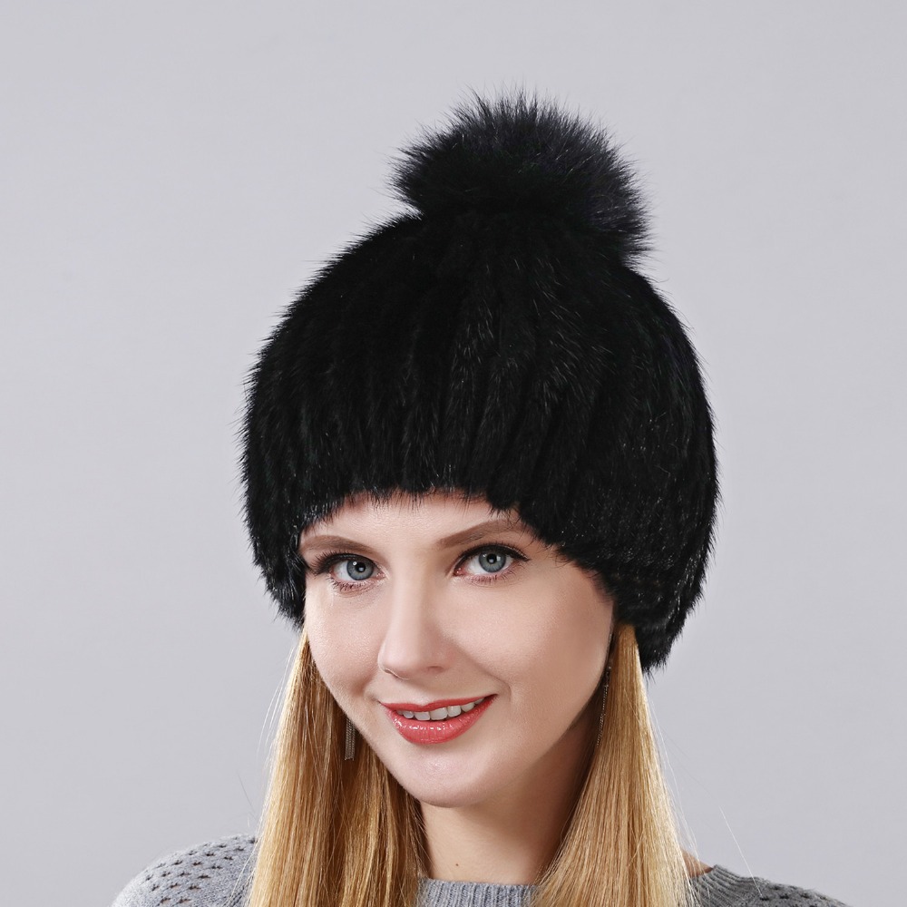 

Royal natural mink with fox pompom on top hat knitted or crocheted warm winter mesh, 001