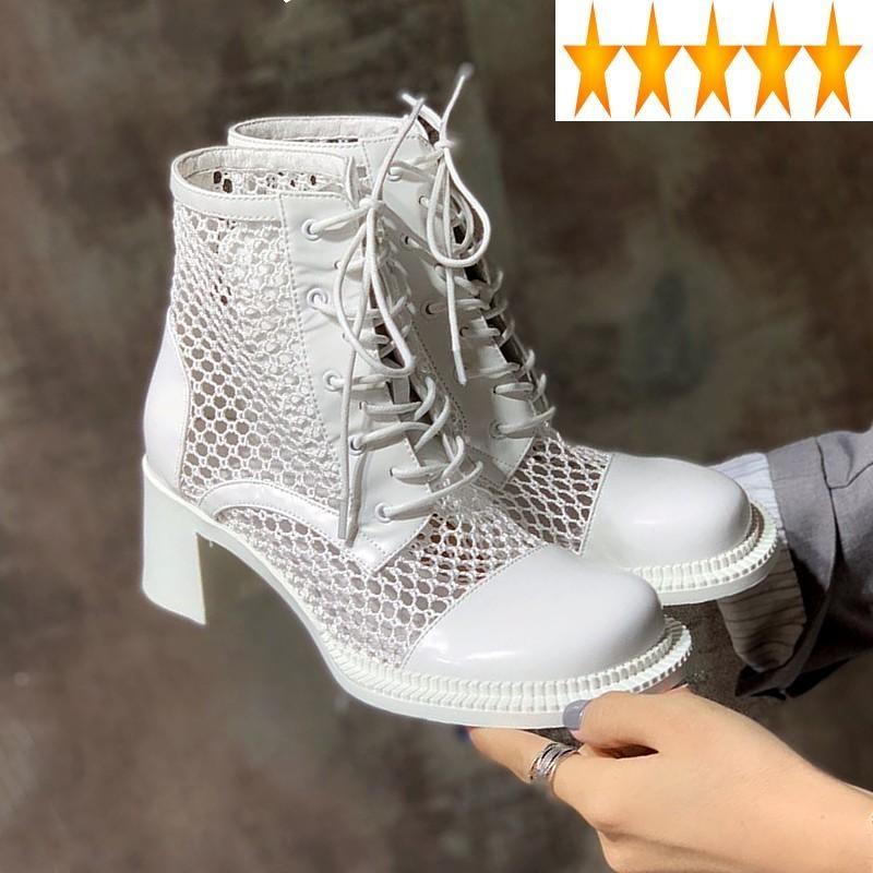 

Hollow Summer Women Fashion Mesh Out Top Boots Lace Up Ladies Patchwork Genuine Leather Block High Heels Sandals, Black
