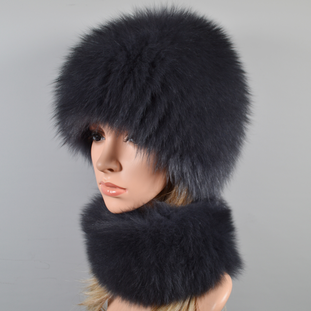 

New female style genuine scarf 2 pieces together natural girl fox bandana hat crocheted real fur beanies