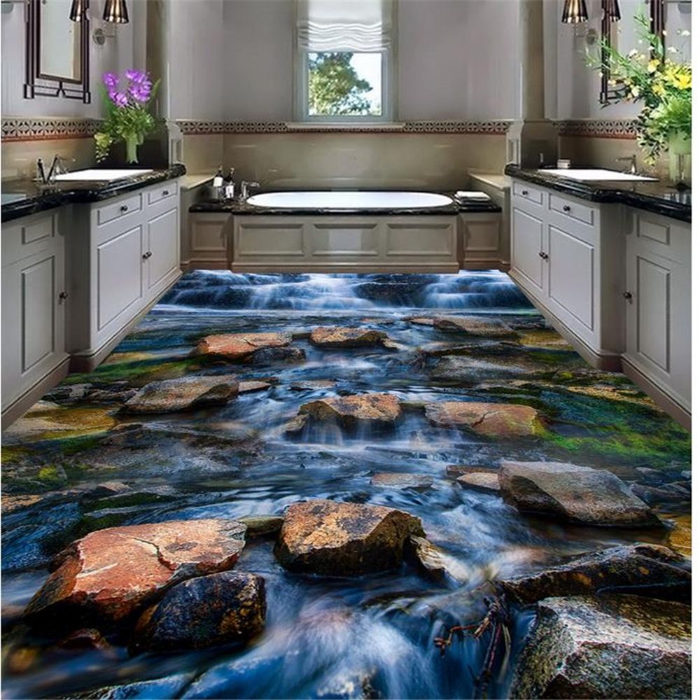 

3d murals wallpaper for living room 3d bathroom wallpaper waterproof Stream stone floor, Brown