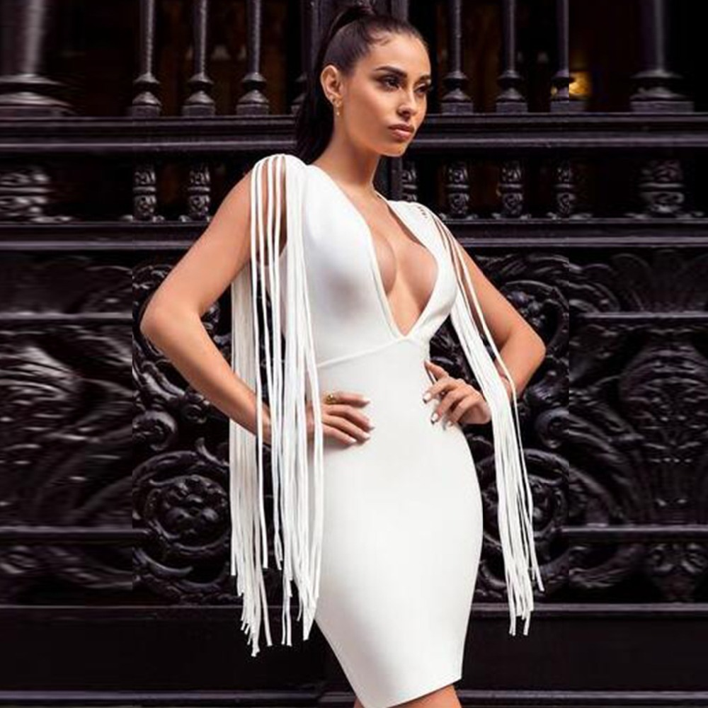

2020 Solid Borla White Sleeveless Sexy Deep Decorated v Dressed Bandage High Quality Evening Party Mini Dresses D2o0, Whtie