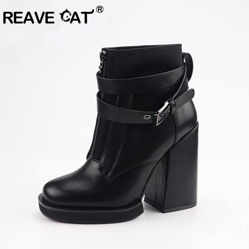 

REAVE CAT Suede boots Autumn Fashion High Heels Ankle Boots Woman Chunky heels Winter platform shoes Thick punk Boot1, Black