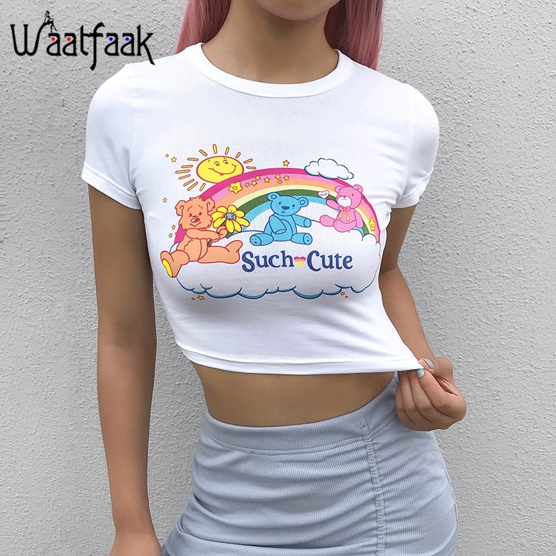 

Waatfaak White Cute Kawakii T Shirt Women Casual Summer Cotton Basic Cropped Top Harajuku Fashion Short Sleeve Tshirt Casual Y200412