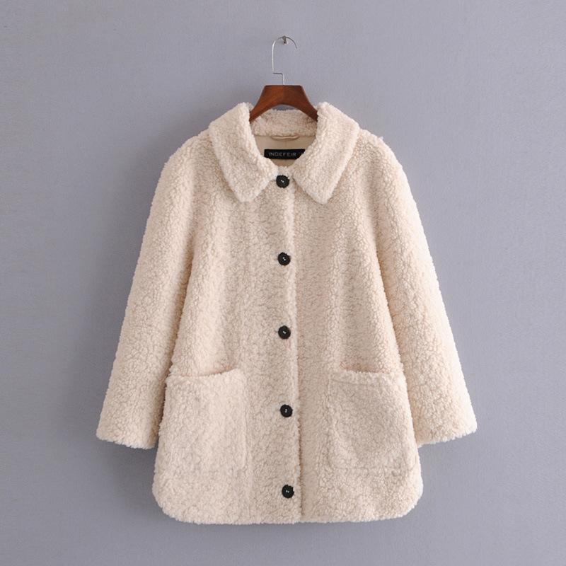 

2020 Autumn European American Women's New Brief Cashmere Teddy Wrap Coat Turn-down Collar Single Breasted Solid Viscose, Black