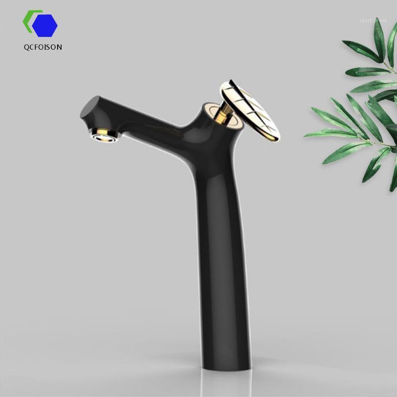 

QCFOISON bathroom accessories copper heightening basin faucet counter hot cold single hole water tap black orb golden sink mixer1