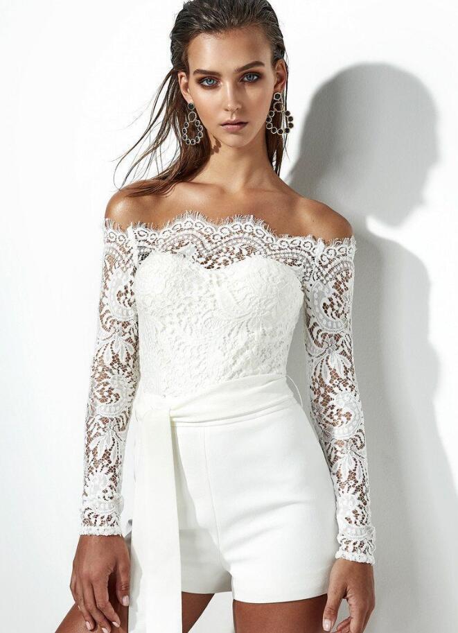 

UK STOCK Women Lace Sleeve Playsuit Jumpsuit Romper Long Trousers Pants Clubwear, Ivory