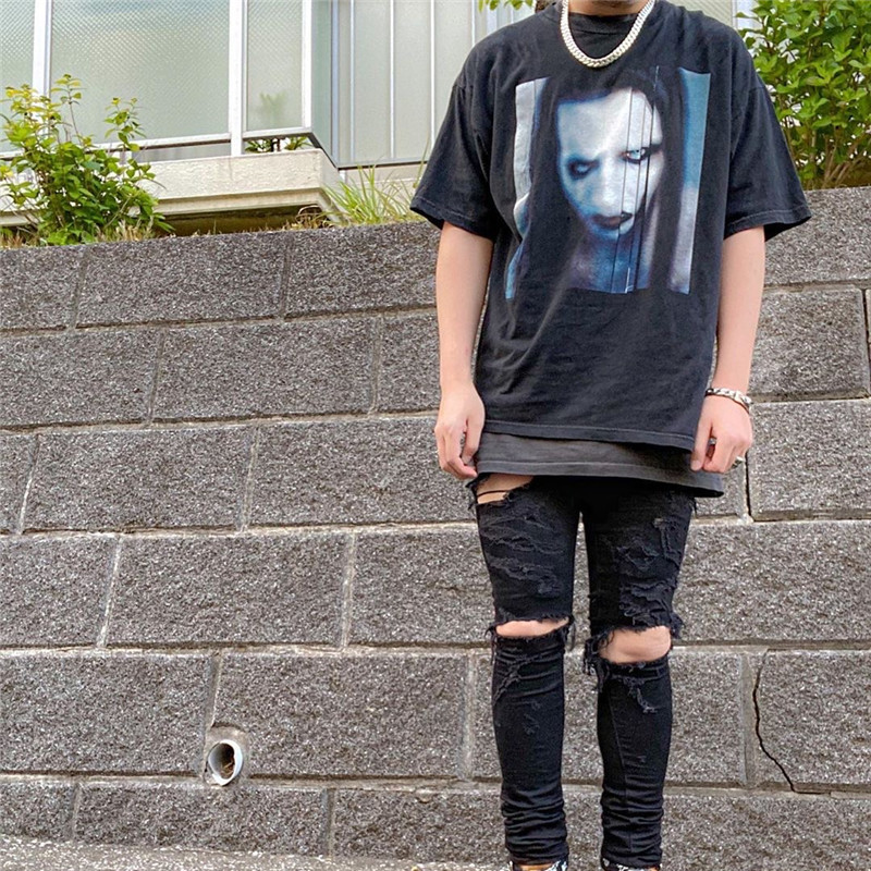 

2021 New 1:1 High Quality T-shirt Men Women Top Tees Loose Vintage Big Tag Marilyn Manson t Shirt Sng4