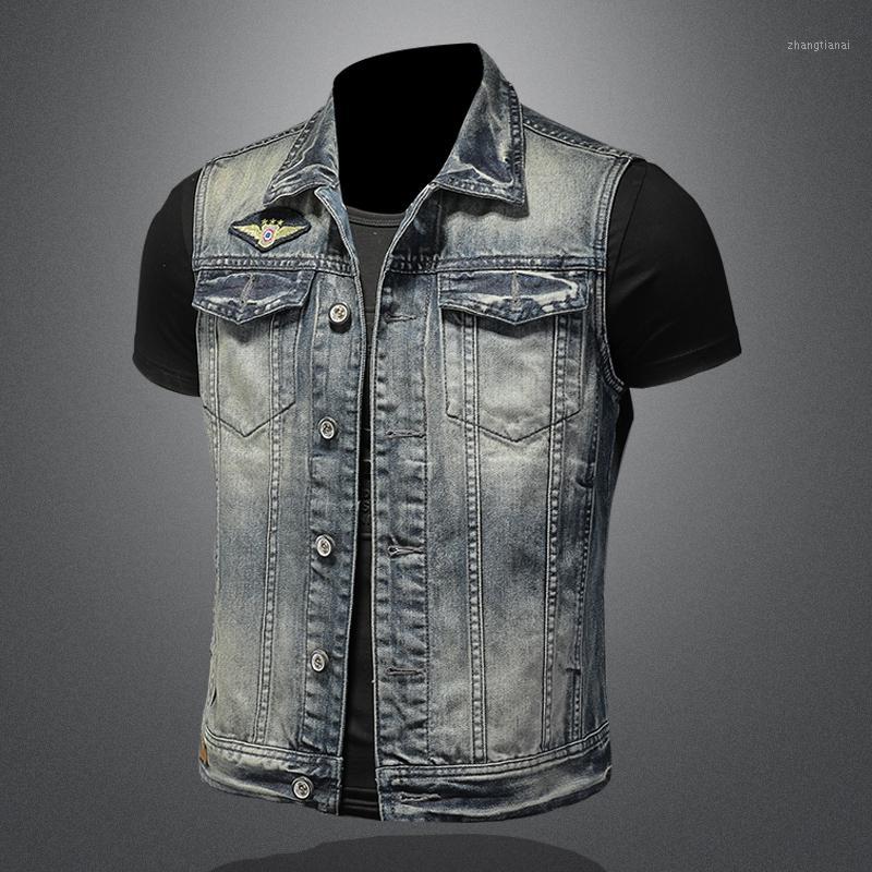 

Men' Embroidered Badge Jeans Vest Men Slim Fashion Biker Motorcycle Denim Vests Single Breasted Vintage Sleeveles Jackets1, Blue