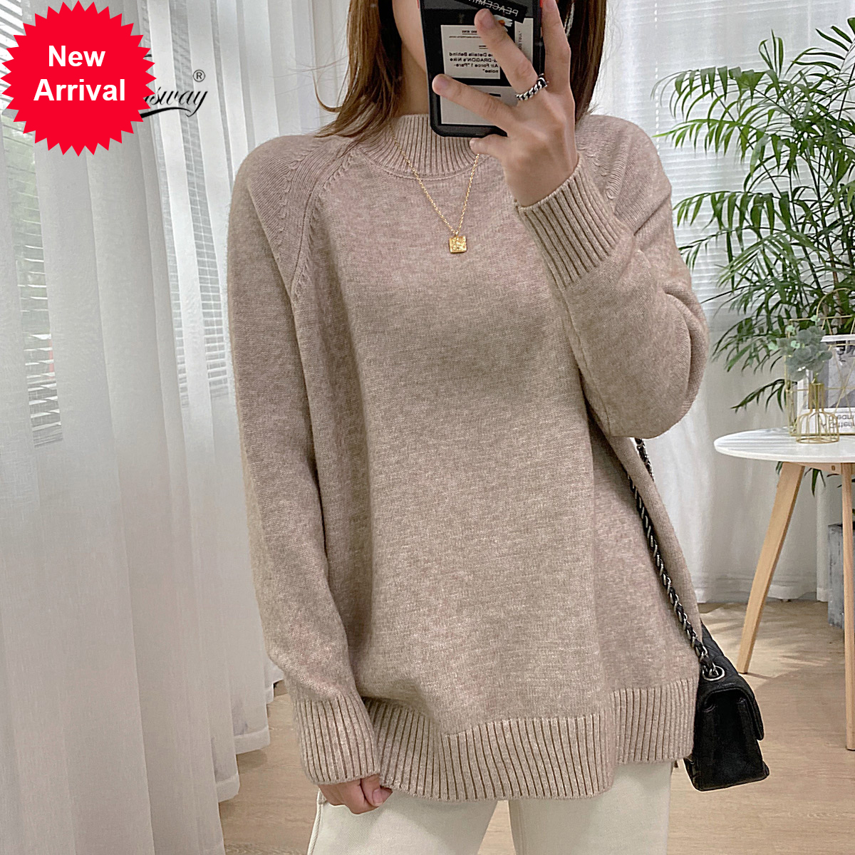 

Female mock neck pullovers high-quality oversized jumper split autumn clothes beige purple winter eight colors C-311, Khaki.