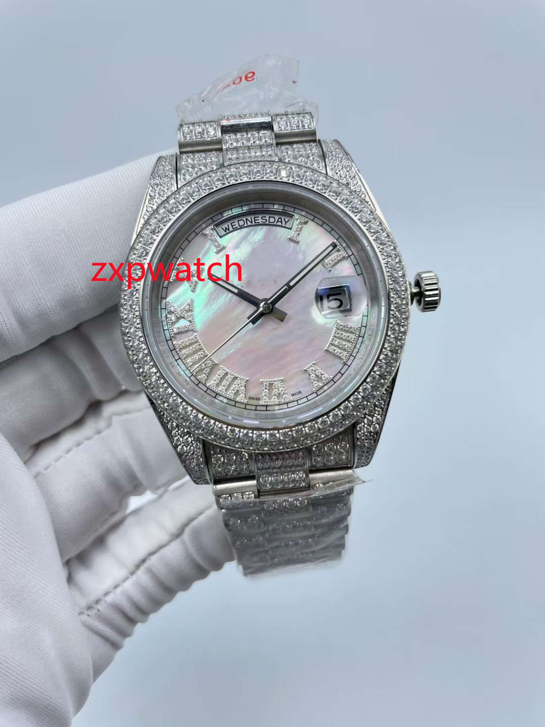 

Silver 904 stainless steel CZ Diamonds Watch Roman numerals shell dial Automatic self-winding Men Luxury Full Iced Out Zircon 41mm Multicolor dial wristwatches, Black face