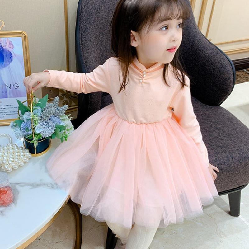 

2020 Autumn Winter Baby Girls Dress Long Sleeves Kids Dresses Neckline Pearl Party Casual Wear Girls Princess Dress