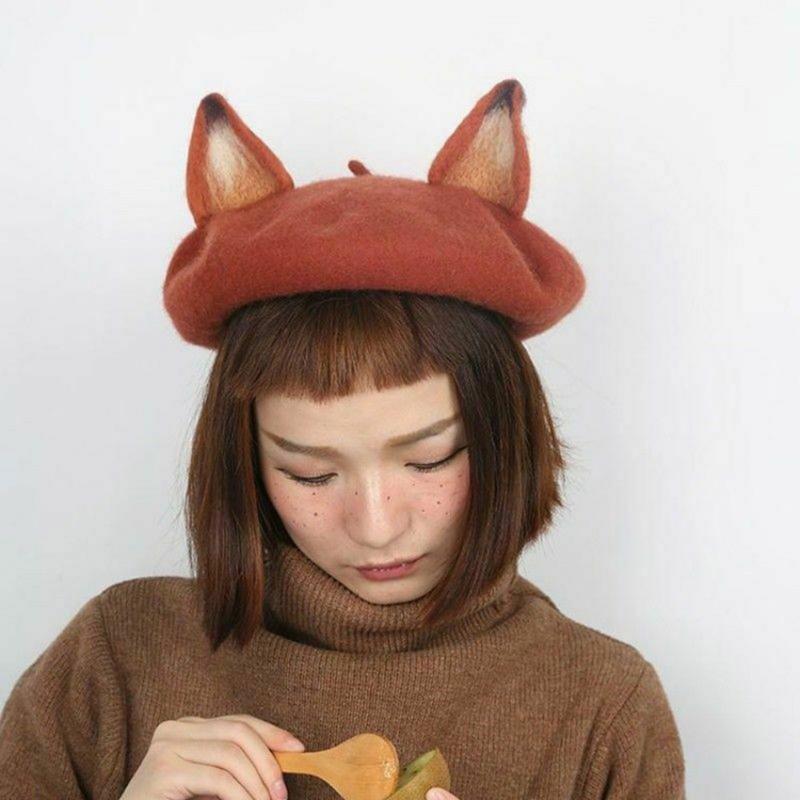 

Women Girl Ear Felt Beret Cap Cute Warm Painter Hat Retro for Autumn Winter -MX81, Blue;gray