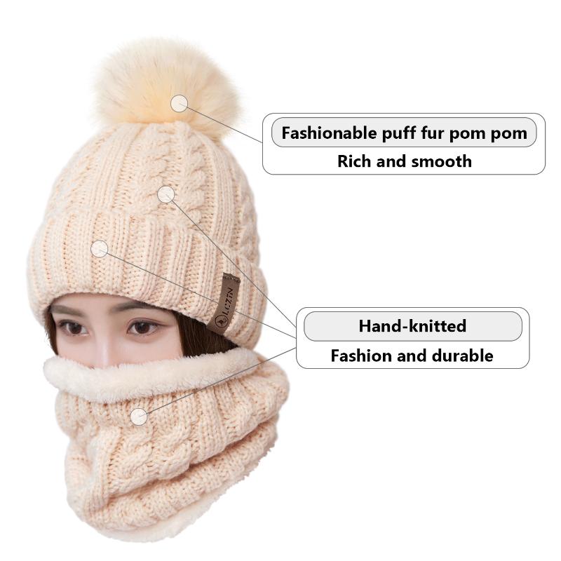 

LCZTN Womens Pom Beanie Hat Scarf Set Girls Winter Ski Hat Slouchy Knit Cap with Fleece Lined, White