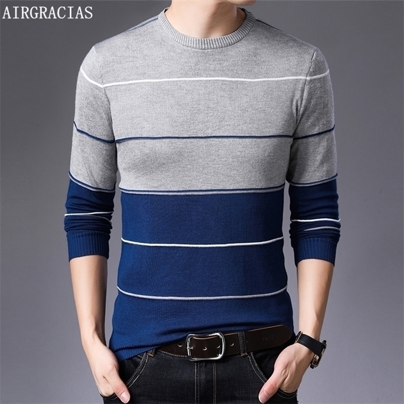 

AIRGRACIAS New Sweater Men Fashion Brand Pullover Striped Slim Fit Knitred Woolen Autumn Casual Men Clothes pull hombre 201201, Gray