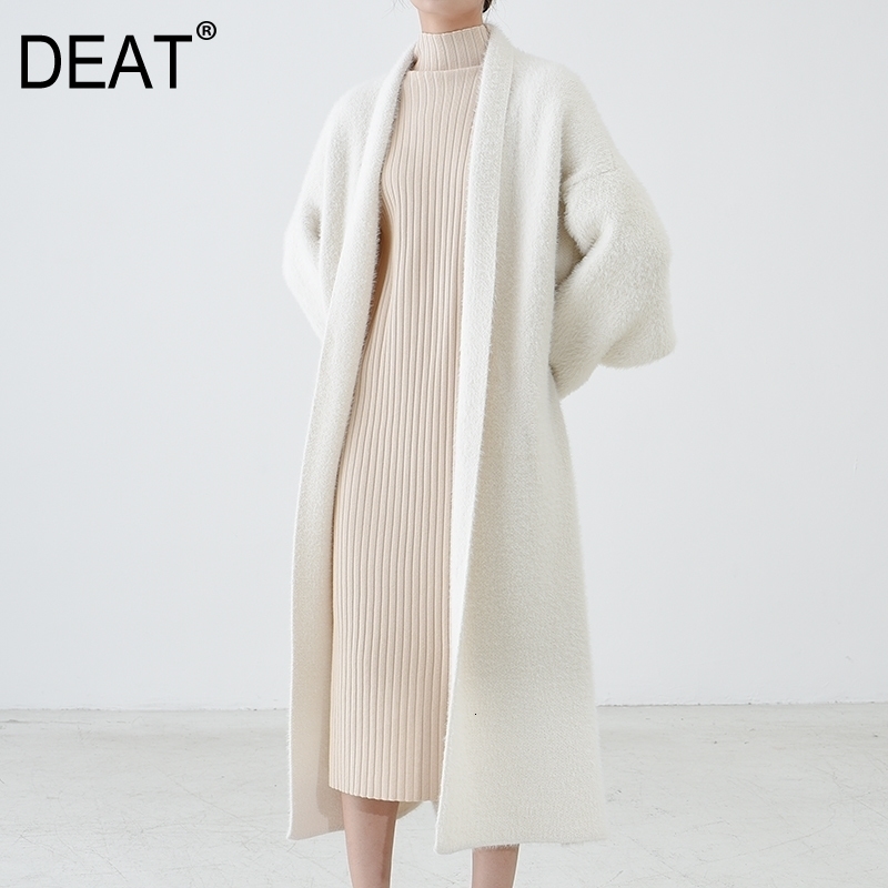 

[DEAT] New Autumn Fast Delivery Trend Solid Color Full Sleeve Warm Scarf Collar Elegant Loose Cardigan Woolen Coat AT259 201104, White