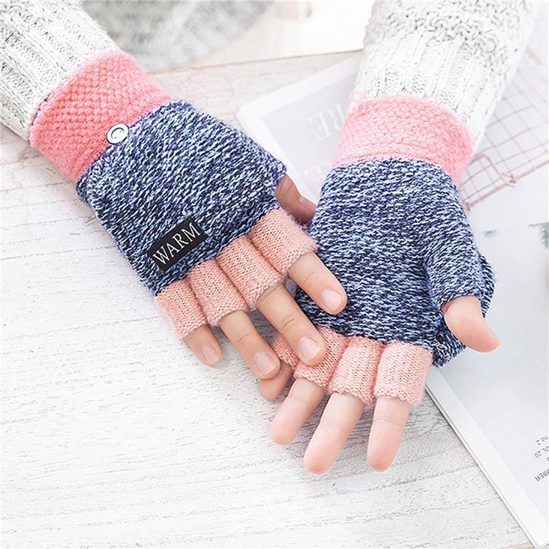 

1 Pair Winter Knitted Flip GlovesFashion Patchwork Warm Woolen Flip Top Gloves Flocking Half-finger Gloves Girl Women Gift